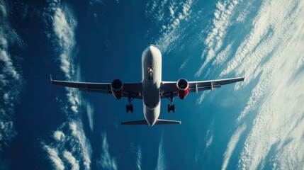 A commercial airplane flies high above the clouds, showcasing its wings and engines against a...