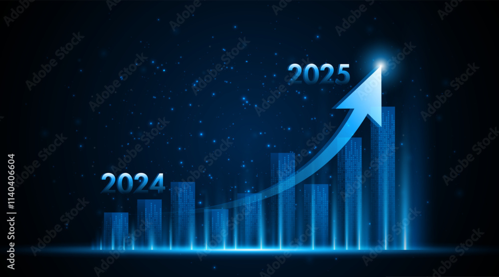 Poster arrow pointing upwards for future company growth in 2024 to 2025. stock market graph with rising can
