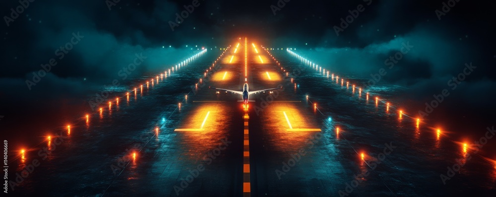Poster travel airplane concept. aerial view of illuminated runway lights in dark setting, creating striking