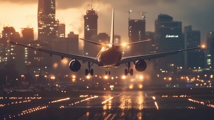 A silhouette of an airplane landing at dusk, with city skyscrapers illuminated in the background, creating a dramatic urban scene.