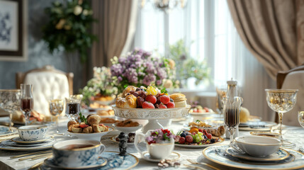 Fototapeta premium lavish brunch setup with gourmet dishes, fruits, and elegant decor
