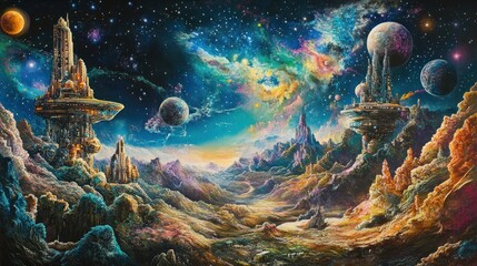 Fantasy alien landscape with vibrant nebula, floating islands, and planets.