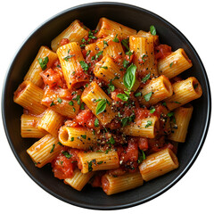 Top view of cooked rigatoni with spicy arrabbiata sauce on a dark earthenware plate isolated on a white transparent background