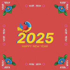 Happy New Year 2025 lettering design. With colorful rickshaw painting illustrations in the background.	