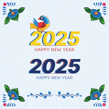 Happy New Year 2025 lettering design. With colorful rickshaw painting illustrations in the background.	