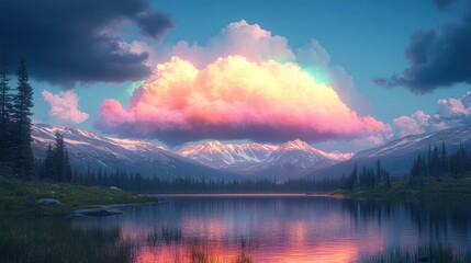 Serene sunset over a mountain lake with a vibrant, colorful cloud.