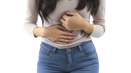 Asian Woman with Acid Reflux Symptoms Holding Chest – Healthcare Concept