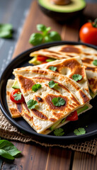 Avocado and Tomato Quesadillas - Crispy quesadillas filled with creamy avocado tomato and cheese. background copyspace