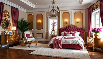 Glamorous boudoir bedroom with gold accents plush rugs and velvet cushions. background copyspace