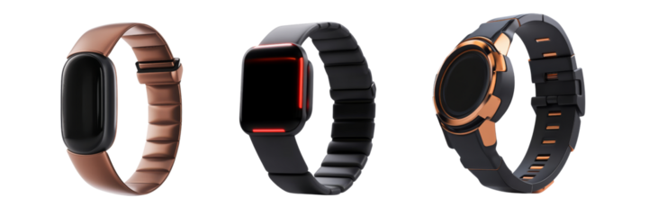 Three stylish smartwatches with varying designs and colors, showcasing modern technology and fashion.