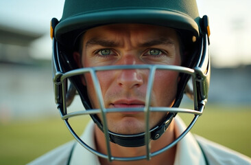 A close-up portrait of a cricket batsman wearing a protective helmet with a cage faceguard