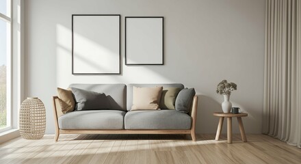 Living interior room with blank rectangular photo frames on the wall 3d illustration mock-up template.