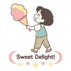 Joyful Child Holding Colorful Cotton Candy in Playful and Cheerful Style Illustration