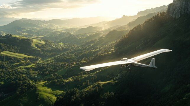 A serene landscape featuring a glider soaring above lush green hills under a dramatic sky, capturing the beauty of nature and flight. - Powered by Adobe