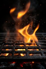 Fiery flames and embers on a grill grate.