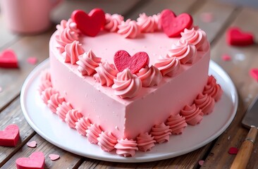 Pink heart shaped cake. Cream cake for Valentine's day. Birthday cake. Strawberry and raspberry cake.