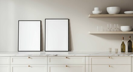 Kitchen interior with blank rectangular photo frames on the wall 3d illustration mock-up template.