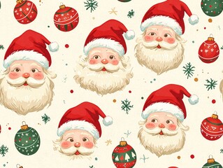 Festive Santa Claus Faces with Colorful Christmas Ornaments on Cream Background for Holiday Cheer and Decoration