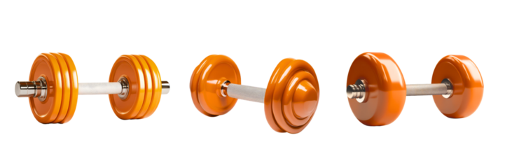 A set of stylish orange dumbbells showcasing different angles and weights for effective strength training.