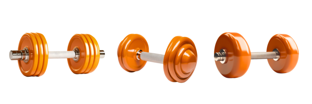 A set of stylish orange dumbbells showcasing different angles and weights for effective strength training.