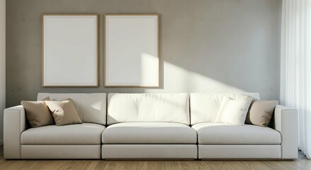 A modern living room with a sofa against a wall featuring blank poster frames in wooden frame borders 3d illustration template. Empty photo frame mock-up template.