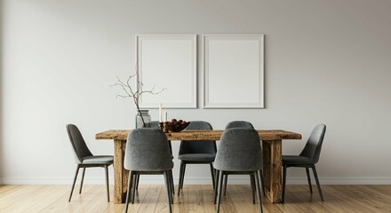 A dining room with an empty rectangular photo frames on the wall 3d illustration mock-up template.