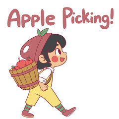 Cute Child with Basket Enjoying Apple Picking in Cartoon Style during Autumn Season Fun
