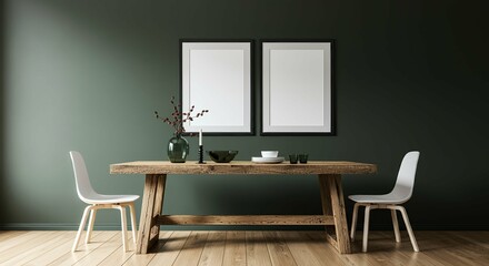 A dining room with an empty rectangular photo frames on the wall 3d illustration mock-up template.