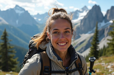 Naklejka premium A close-up portrait of a woman hiking through the majestic mountains. Her sharp determined black eyes are filled with the thrill of adventure.