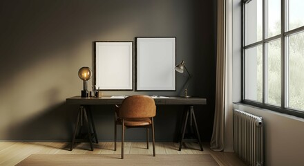 An interior study room with blank rectangular photo frames on the wall 3d illustration mock-up template.