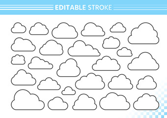 Sky clouds black line set. Simple outline cloud storage with smooth curves, rounded shapes, and clean contours. Editable strokes minimalistic linear puffy icons weather symbols, abstract cumulus