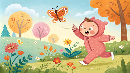 Naklejka premium Baby first steps in a colorful autumn landscape with butterflies