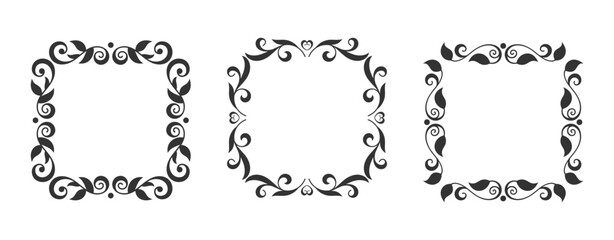 Decorative floral frame set. Elegant frames with ornate swirls, leaves and intricate black line patterns. Vintage natural ornament border featuring botanical elements, clean curves, minimal details