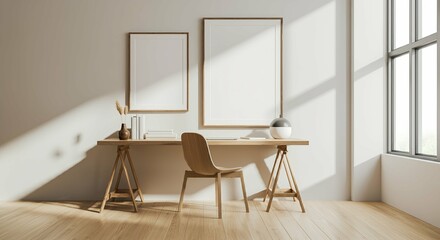 An interior study room with blank rectangular photo frames on the wall 3d illustration mock-up template.