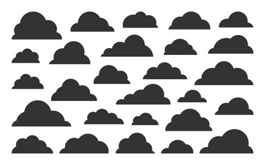 Cloud black silhouette set, puffy various shapes, variety rounded forms with smooth outlines with clear bottom line. Cartoon weather cumulus icon, minimalistic sky symbols, simple cloud storage sign