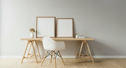 An interior study room with blank rectangular photo frames on the wall 3d illustration mock-up template.