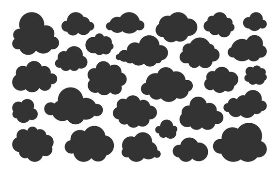 Black solid silhouette cloud set with diverse shape and rounded form. Cartoon fluffy weather icon, sky symbol, outline cumulus, cloud for kids illustration or storage and digital network concept sign