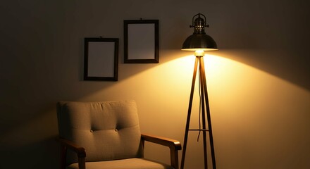 A modern living room with a sofa against a wall featuring blank poster frames in wooden frame borders 3d illustration template. Empty photo frame mock-up template.