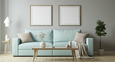 A modern living room with a sofa against a wall featuring blank poster frames in wooden frame borders 3d illustration template. Empty photo frame mock-up template.