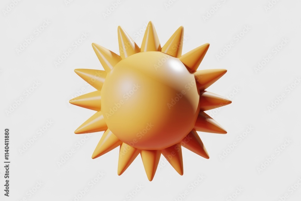 Poster A stylized 3D model of a sun  rendered with a smooth  orange sphere and pointed rays.