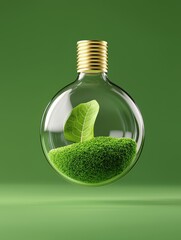 A glass bulb containing vibrant green moss and a leaf, symbolizing sustainability.