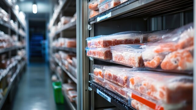 Industrial Freezer with Seafood Packaging on Shelves