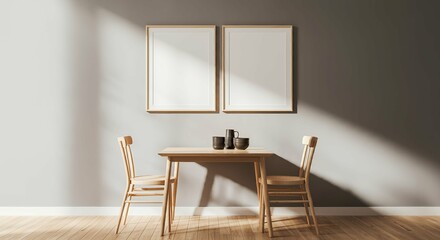 A dining room with an empty rectangular photo frames on the wall 3d illustration mock-up template.