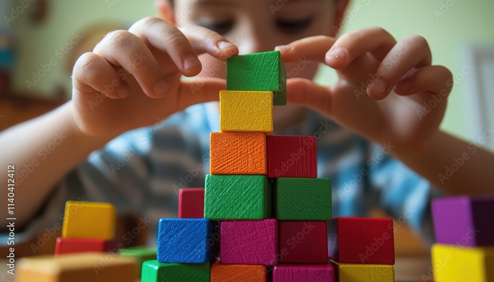 Aufkleber child building colorful tower with wooden building blocks in bright playroom setting