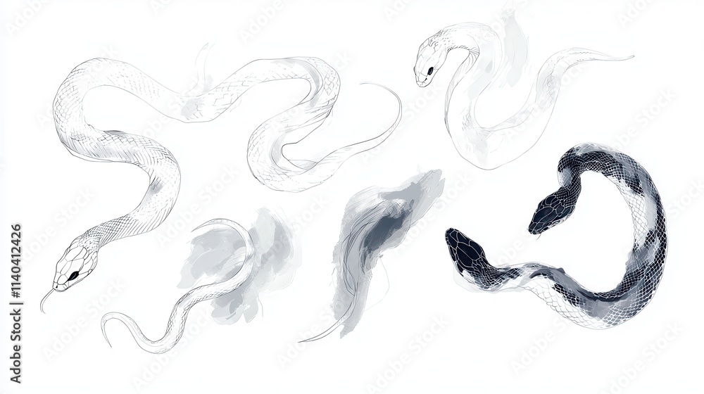 Aufkleber stylish and artistic illustrations of various snake designs with abstract elements in minimalist sty