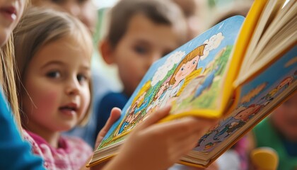 Children Engaged in Storytelling with Colorful Illustrated Book in a Playful Learning Environment
