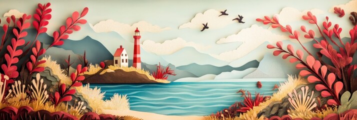 Whimsical Paper Cut style Scene of Enchanted Seascape with Lighthouse