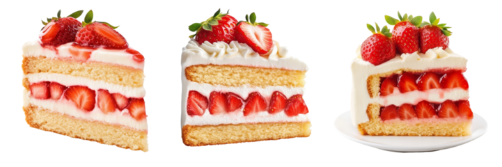 A delectable cake slice layered with strawberries, cream, and sponge, showcasing a tempting dessert ready to be enjoyed.