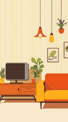 A simple vector illustration of an interior design, featuring a mid-century modern living room with yellow walls and orange sofa