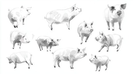 Obraz premium Illustrative Collection of Various Pigs in Different Poses and Perspectives for Artistic and Educational Use